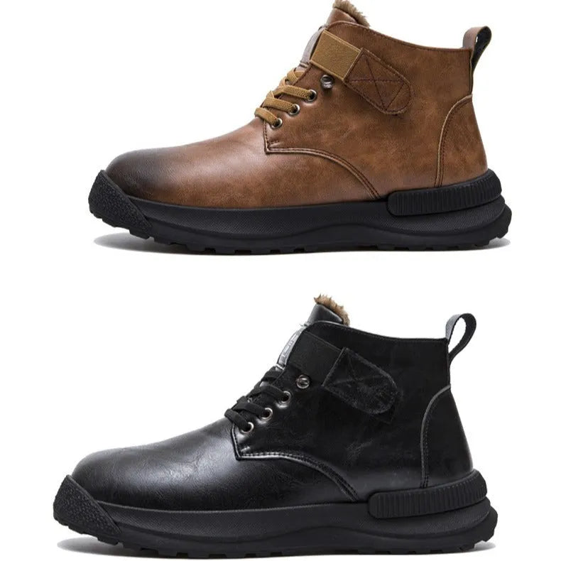 Men's black high-top platform Martin boots with a velvet upper and rubber sole.