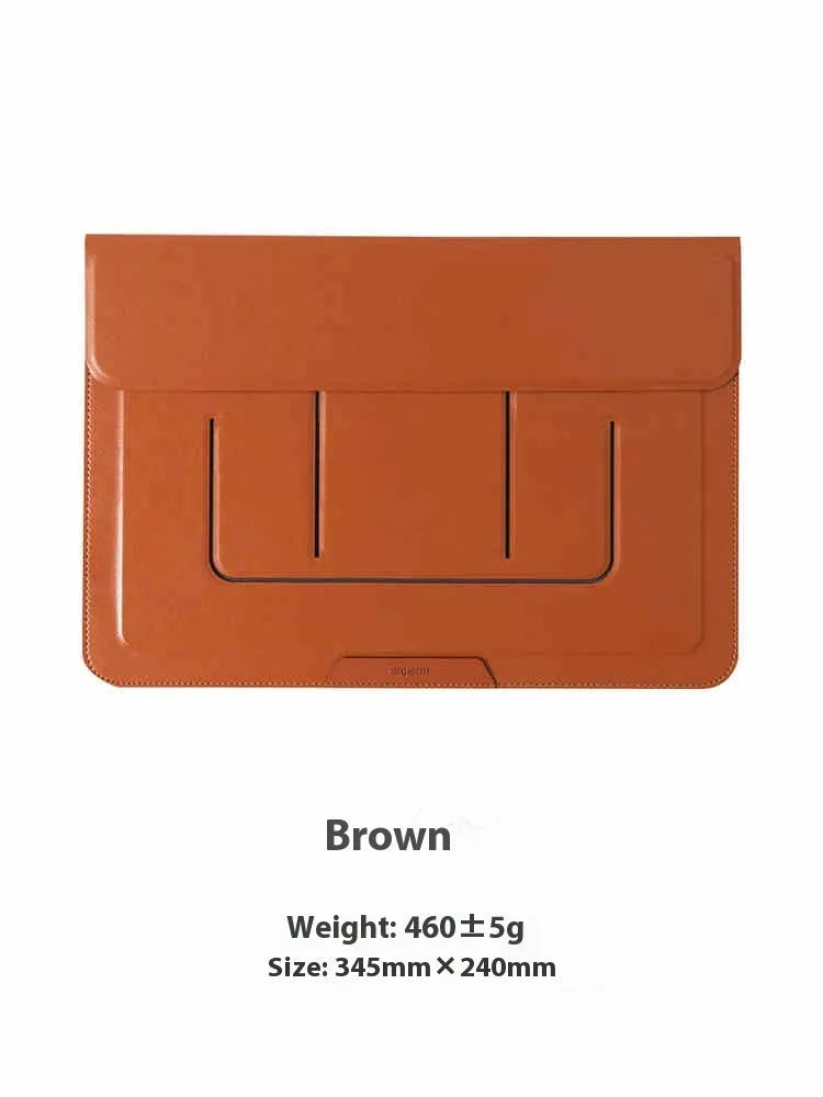Brown plastic dual-angle laptop bag bracket holding a 13.3-inch laptop sleeve on a desk.