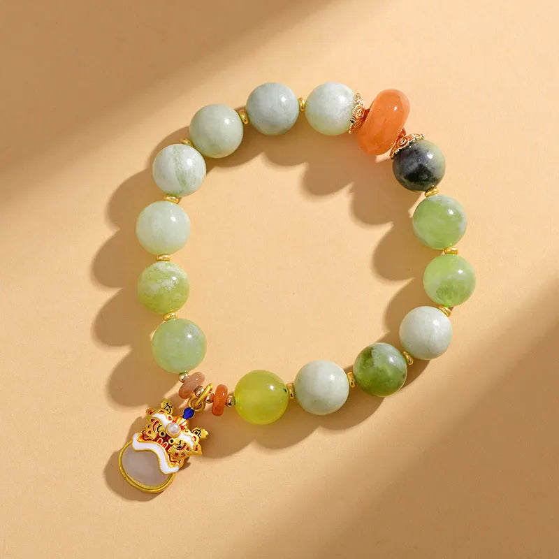 Green milk-in-water jade bracelet with 10mm geometric pendant in retro Xingshi design