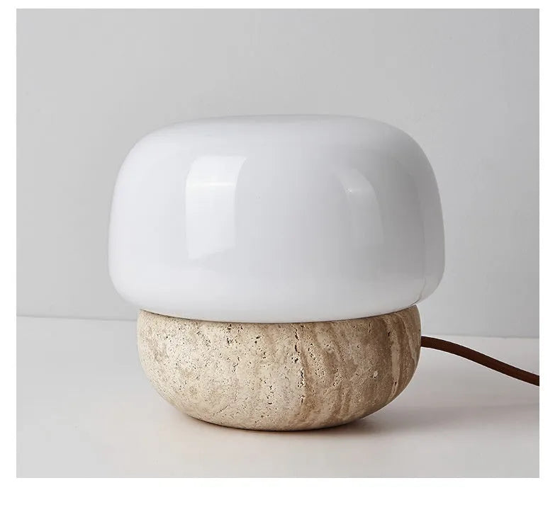 Cream coloured retro bedside lamp with button switch measuring 18cm by 17cm
