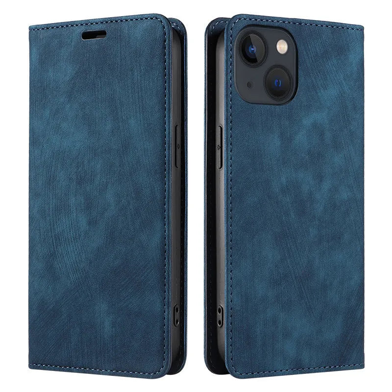 Genuine leather magnetic flip phone case in multiple colours for iPhone models.