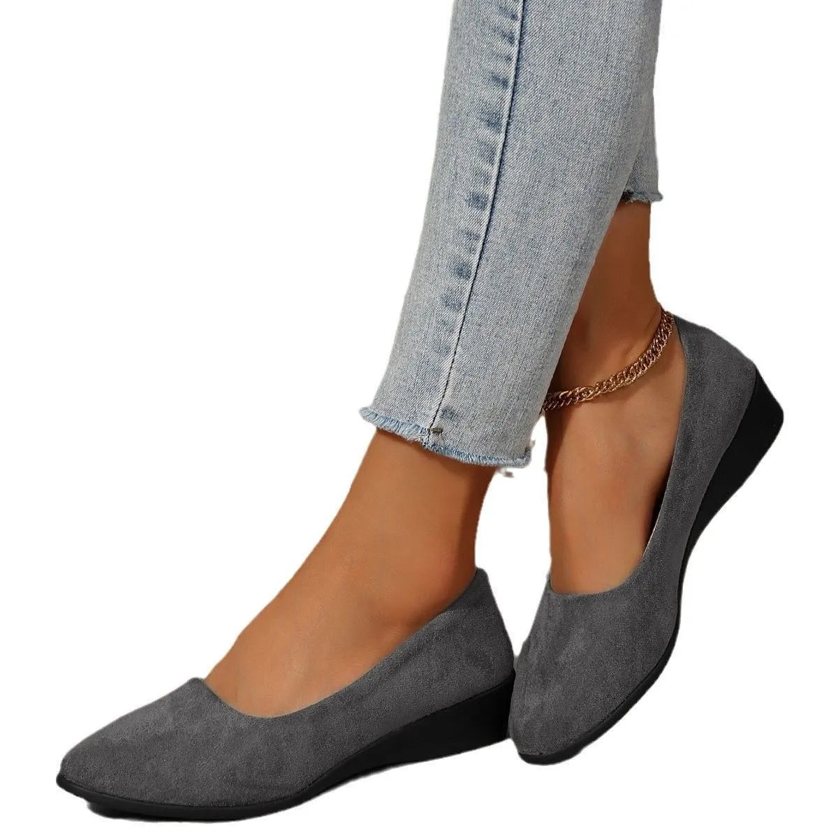 Women's plus size Gommino wedge pumps with pointed toe, shallow mouth, and low rubber heel in suede material