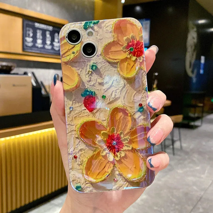 Purple soft rubber phone case with oil painting flower design and inlaid diamond accents