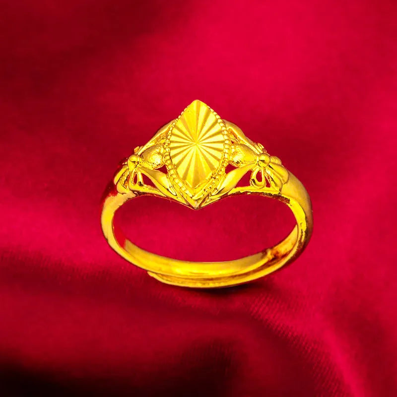 Gold electroplated brass ring with open diamond flower geometric design and textured elements for women