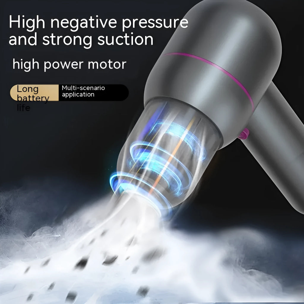 Grey handheld portable car vacuum cleaner with brush and extended nozzles showing 19cm dimensions
