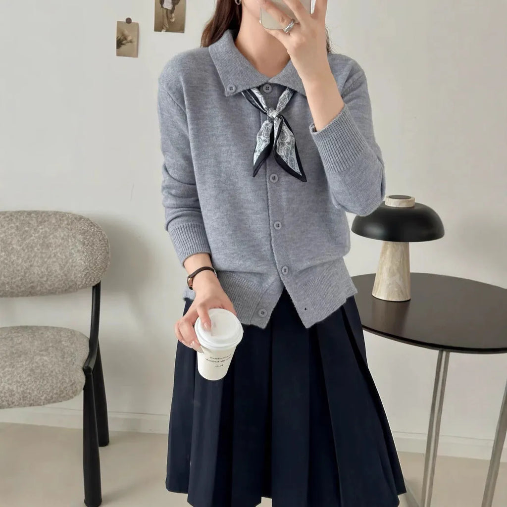 Lazy fashion lapel scarf cardigan sweater in acrylic, shown in a neutral colour.