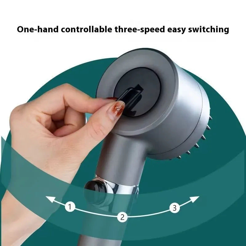 Portable massage shower head with third gear adjustment for spray, massage, and rain functions