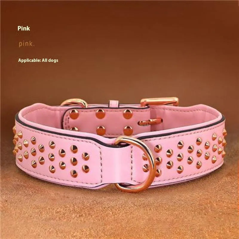 Leather dog collar with metal rivets in black, chocolate, and pink, shown in L and XL sizes.