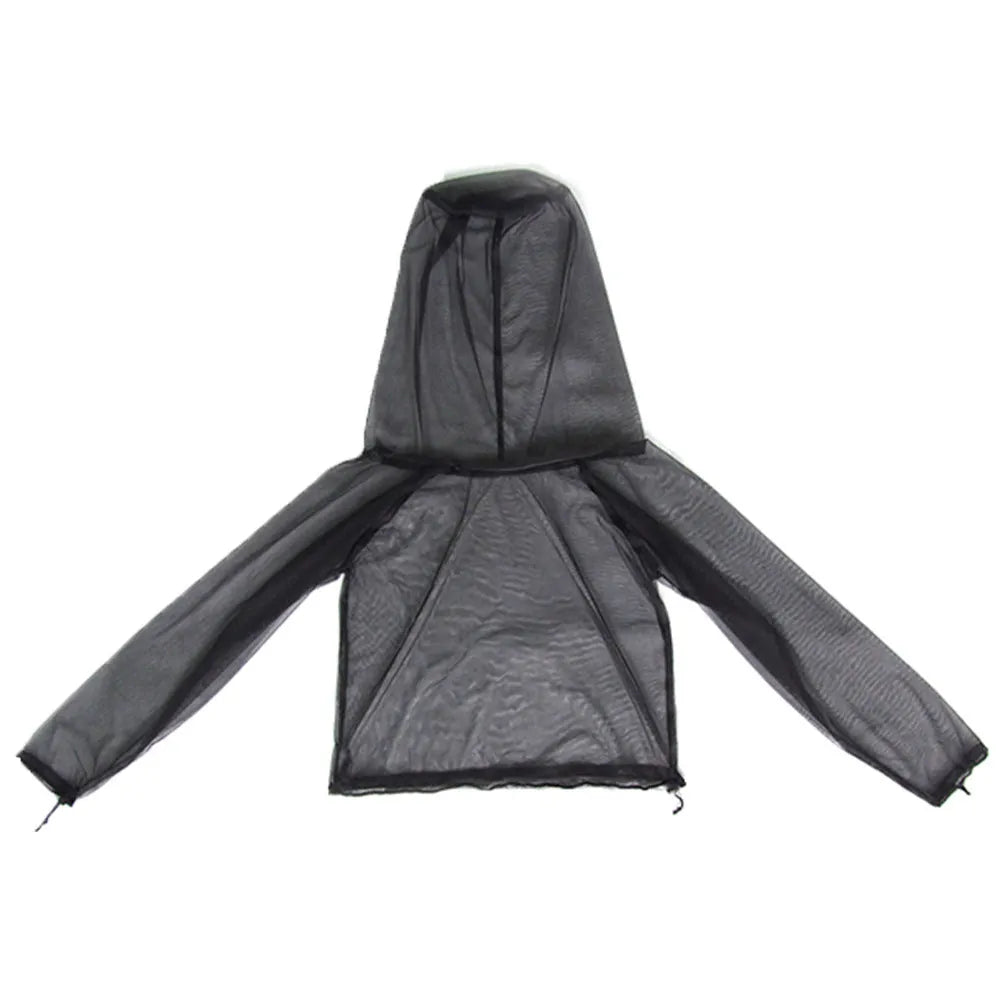 Mosquito protection suit set in mesh fabric, showing hooded top, pants, and booties for outdoor use.
