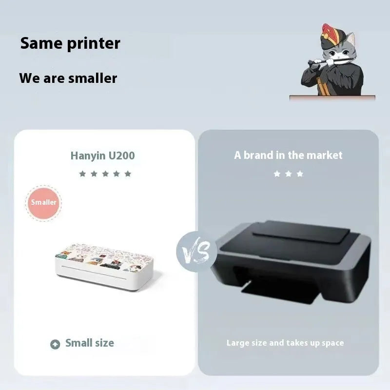 Small white plastic intelligent remote learning printer with thermal ribbon cartridge on a desk.