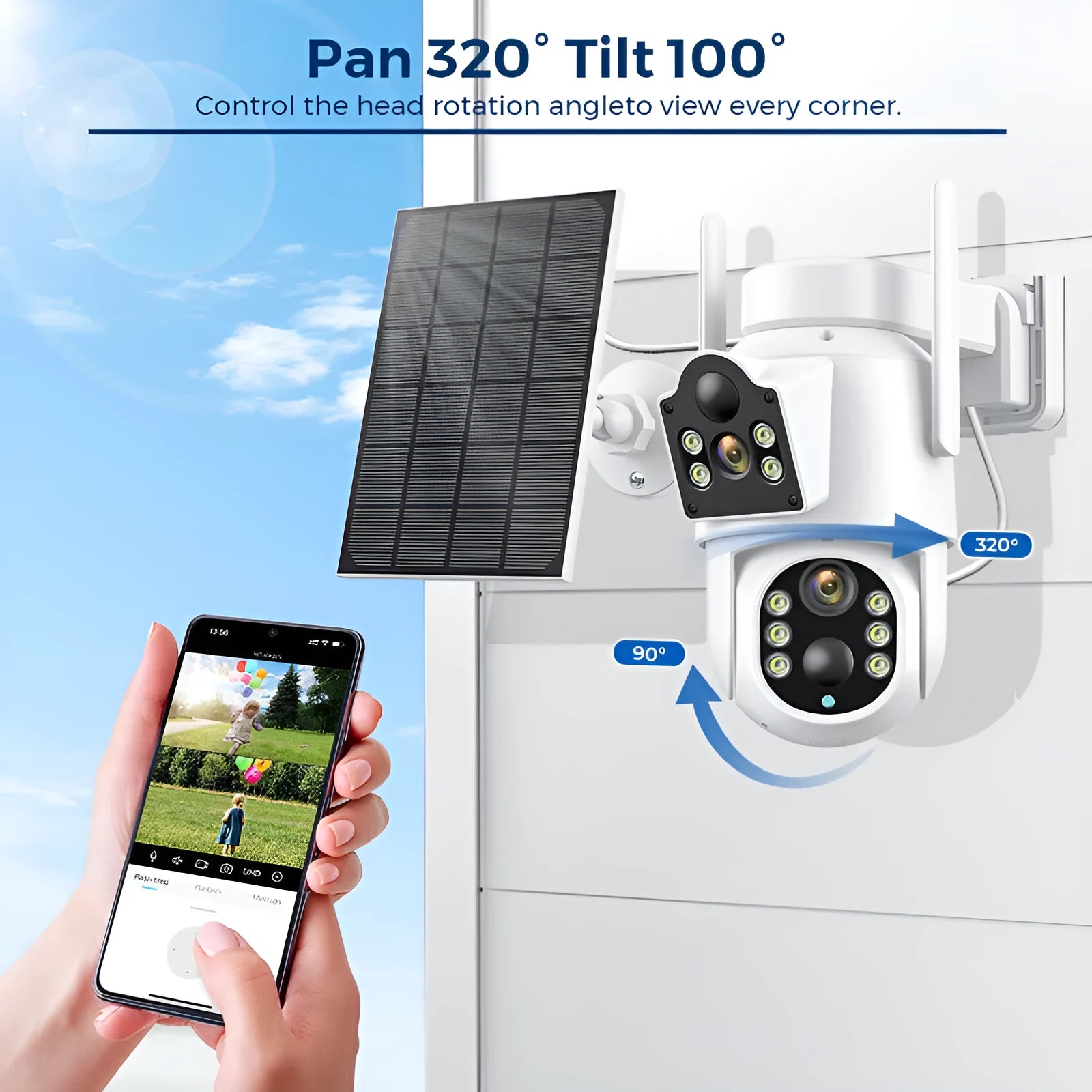 Outdoor solar-powered wireless WiFi security camera with solar panel in black or white casing