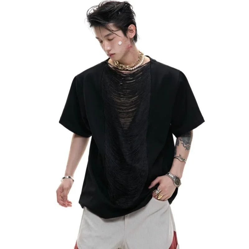 Black men's V-neck loose T-shirt with short sleeves and tassel detail