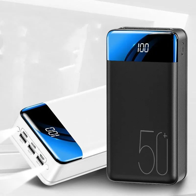 Large black or white 50000mAh power bank with multiple USB ports showing dimensions 169x83x52mm