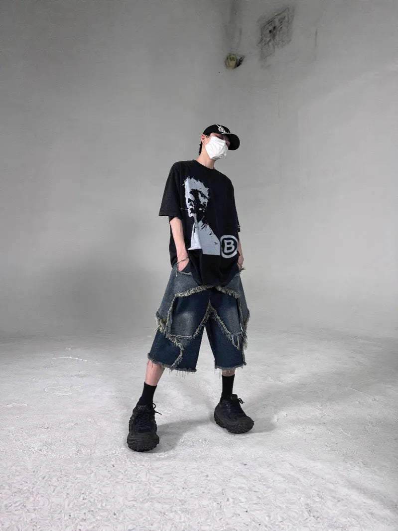 Blue retro denim shorts with frayed five-pointed star design and loose fit for men