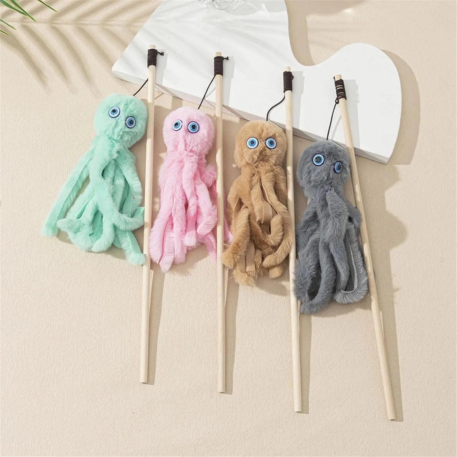 Octopus cat toy with long stick in bright colours for indoor kitten play