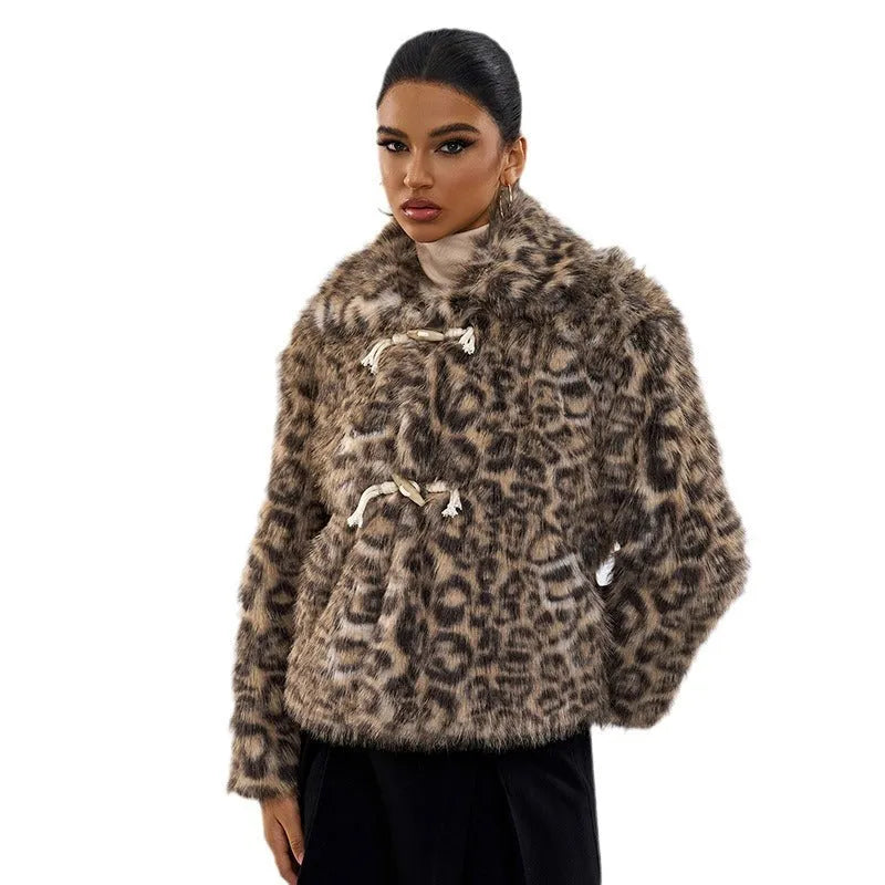 Leopard print street fashion coat for women with regular sleeves and 50cm length