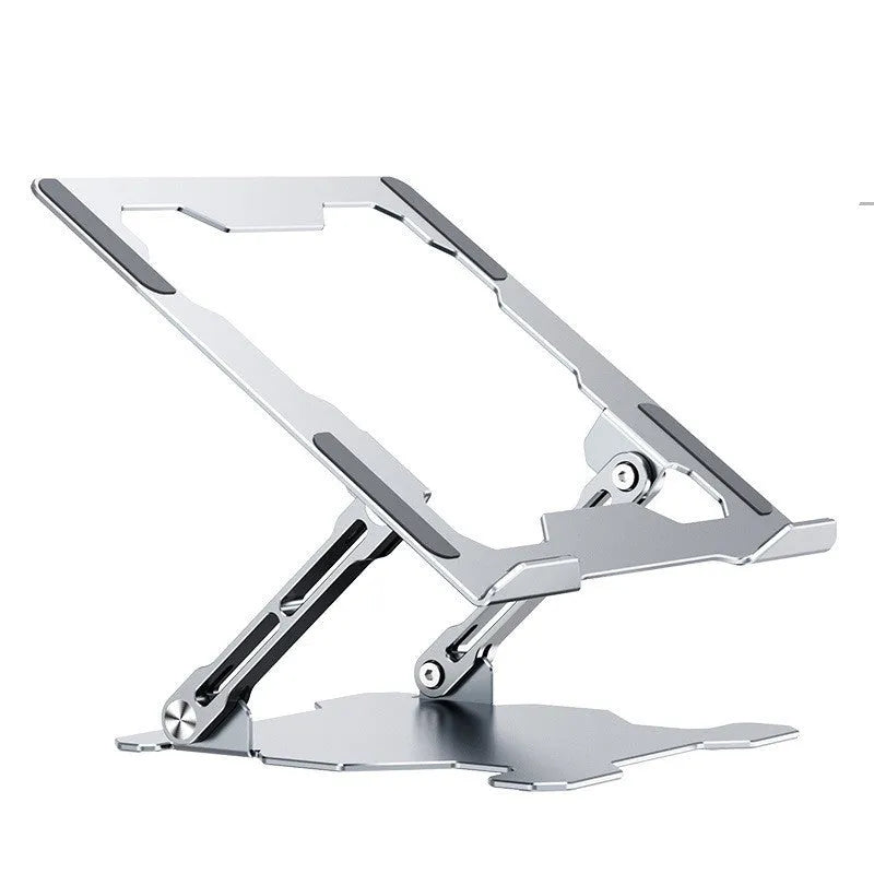 Grey aluminium alloy laptop stand with adjustable angle, shown folded and open.