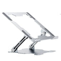 Grey aluminium alloy laptop stand with adjustable angle, shown folded and open.