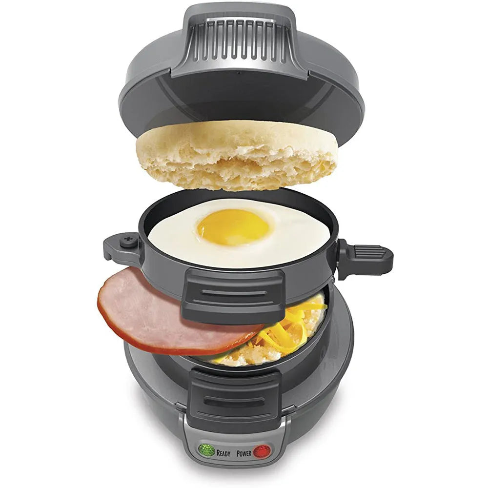 Bright red multifunction breakfast sandwich maker with egg cooker ring and two baking trays