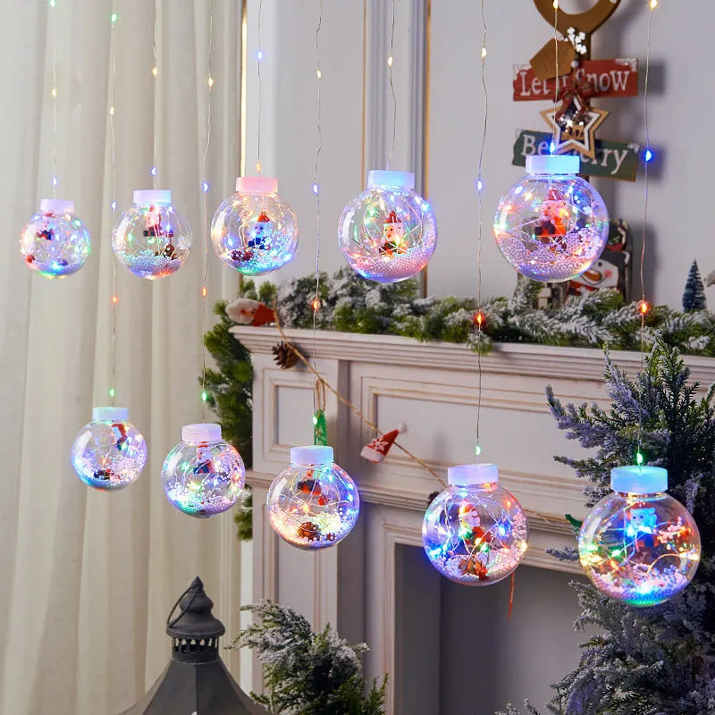 10-piece LED Christmas curtain light string with snowman, elder, and Christmas tree wishing ball designs.