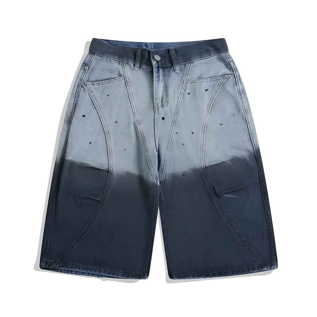 Blue tie-dye gradient cropped jeans with washed-out appearance and loose fit