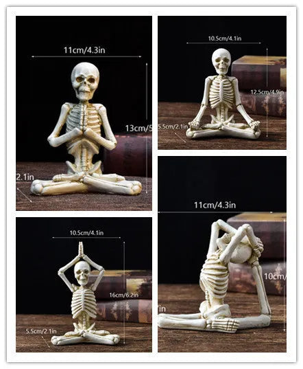 Detailed resin Halloween ornament of a yoga-posing skeleton skull on a desktop.