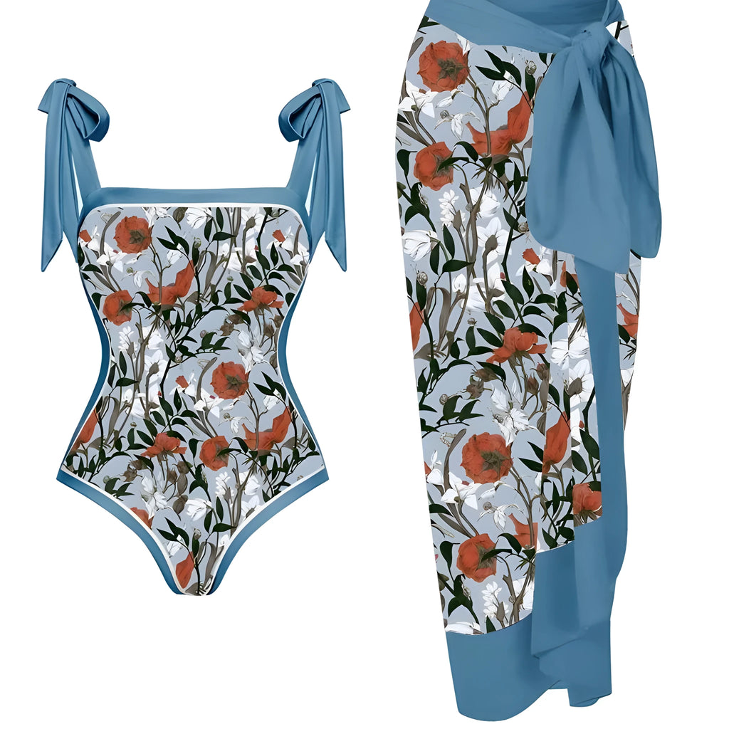 Women's printed floral two-piece swimsuit with a light chiffon hip skirt.