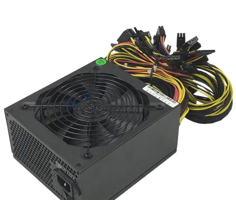 Black ATX server power supply unit with 110V input and multiple 6+2 pin GPU connectors rated up to 2000W