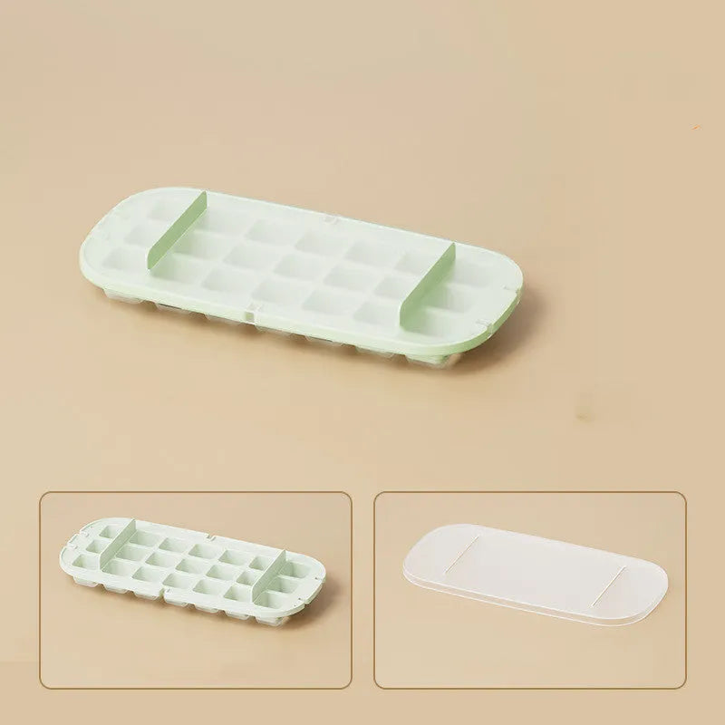 Food-grade plastic high capacity ice cube tray with grid and stored ice shovel in blue colour.