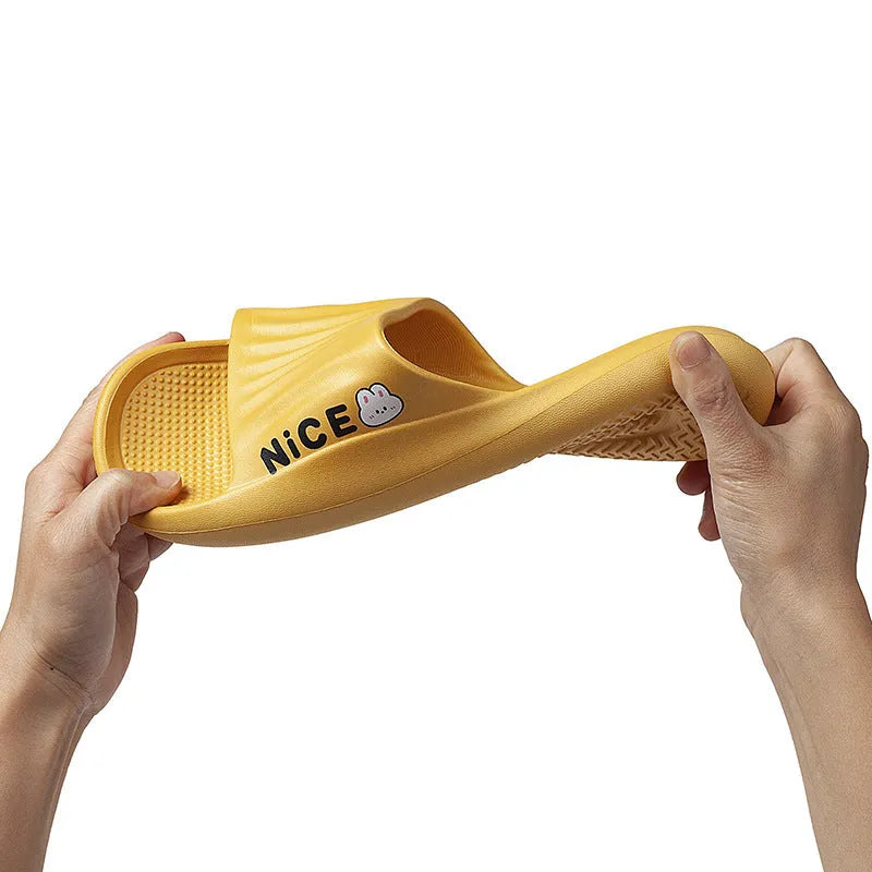 Cartoon pattern EVA slippers in various colours showing flip-flop style with non-slip soles