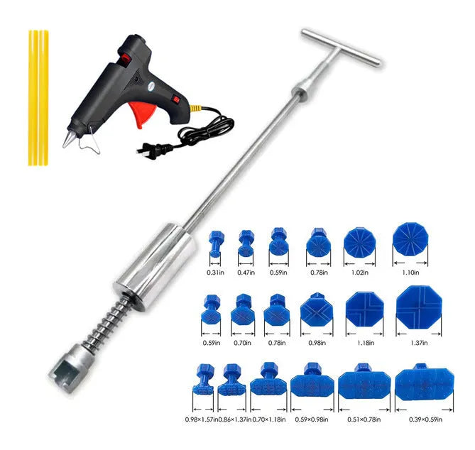 Automotive dent repair tool kit with T-shaped hammer and blue adhesive pads