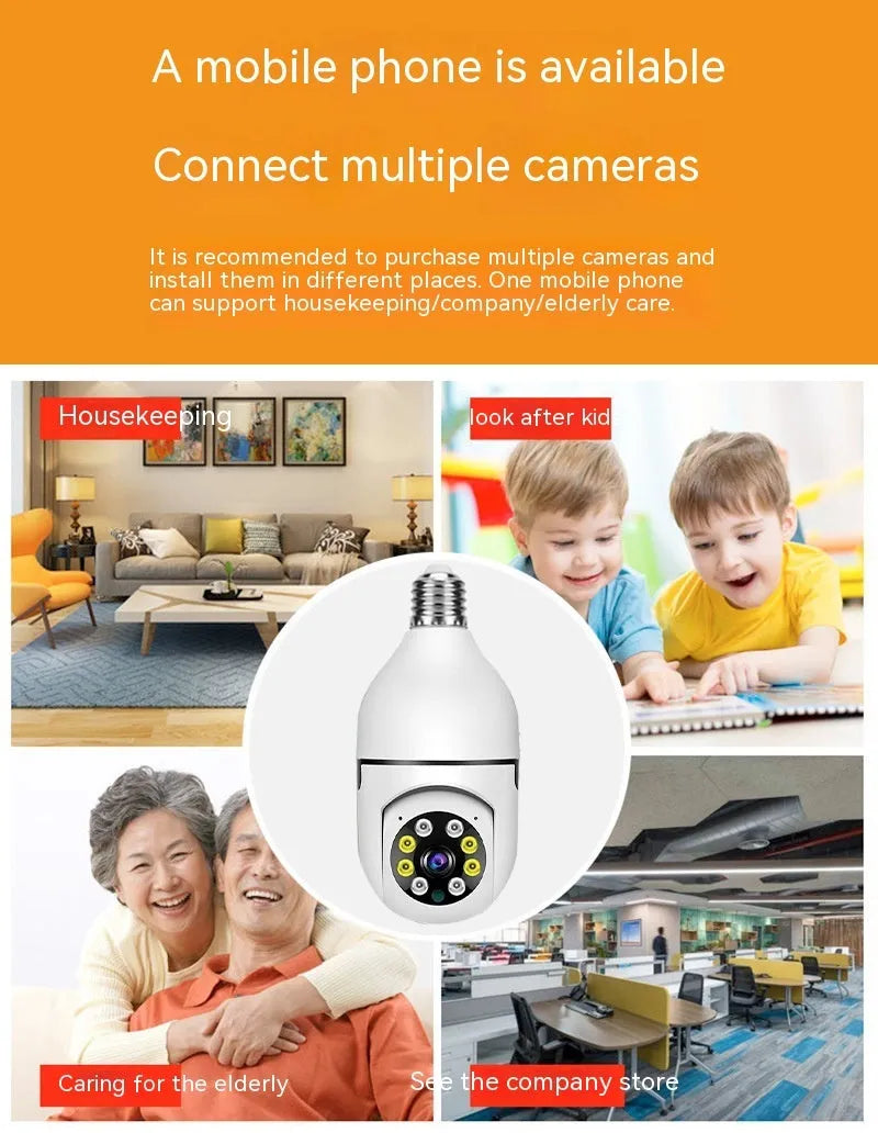 Wireless WiFi bulb security camera with plastic and metal construction measuring 5x12cm