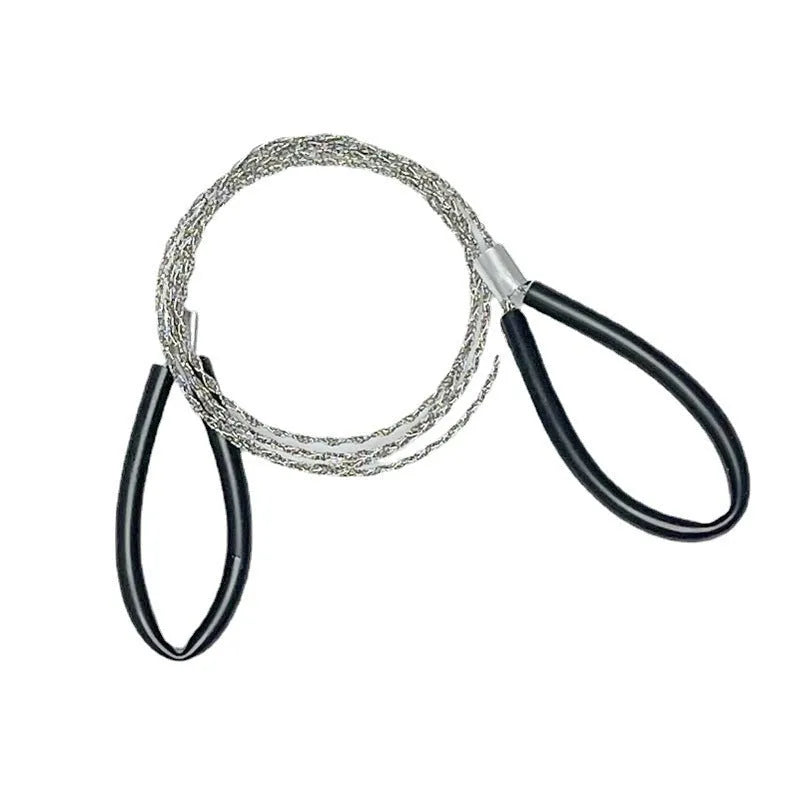 German stainless steel survival wire saw coiled to show compact size with black handles