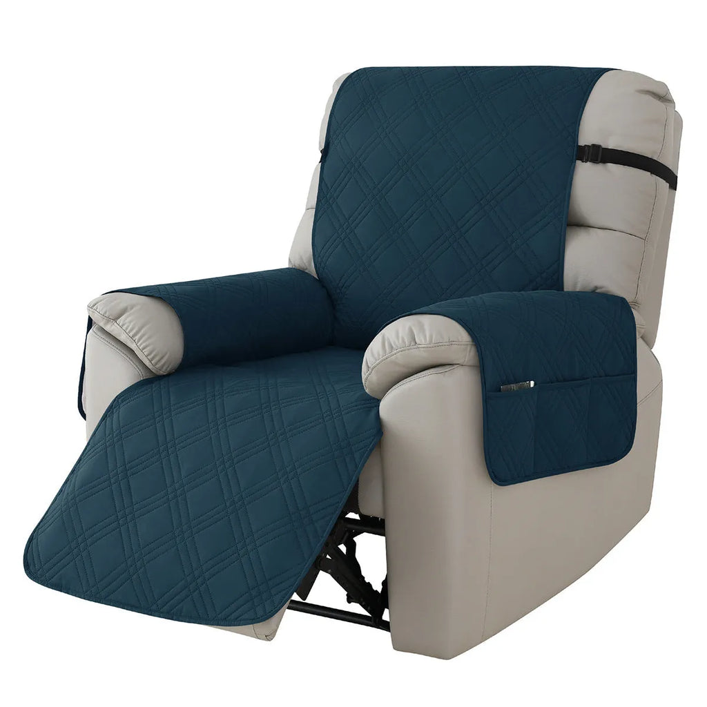 Quilted burgundy waterproof sofa cover stretched over a small single-seat massage chair cushion.