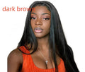 A woman wearing a long straight black wig with centre-parted bangs.