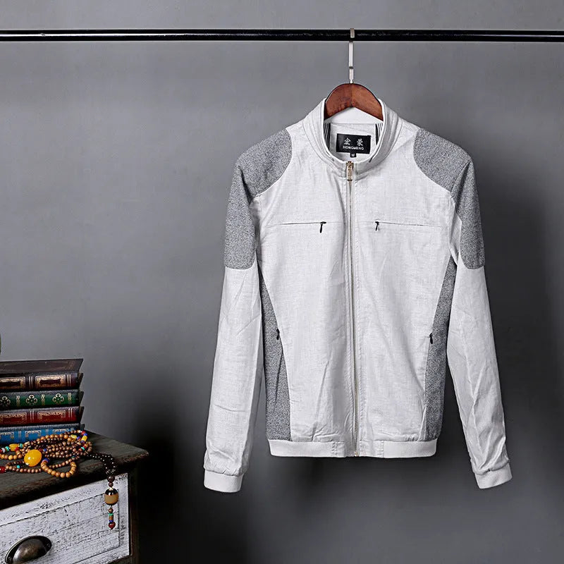Men's blue cotton linen jacket on a hanger, showing regular fit and button front.