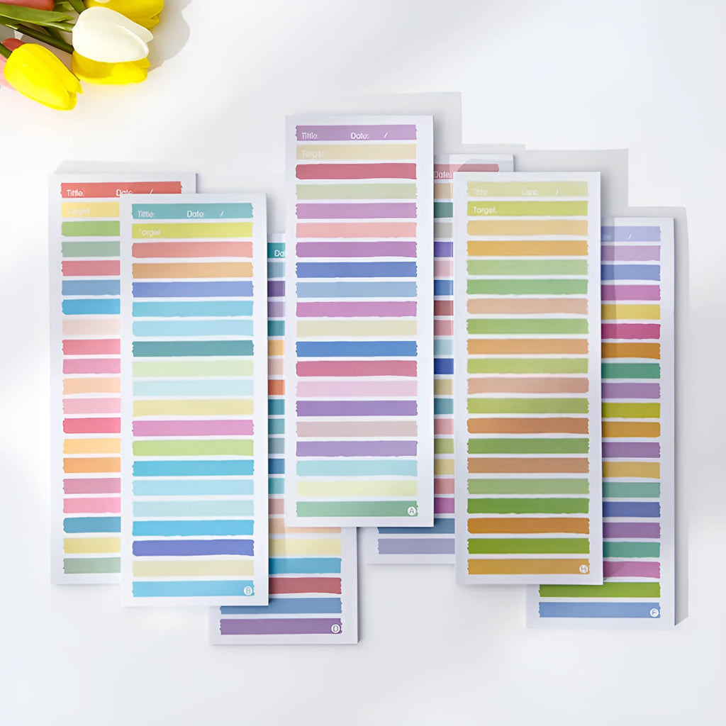 Plastic student notepad with colourful cartoon cover showing A5 sticky note sheets