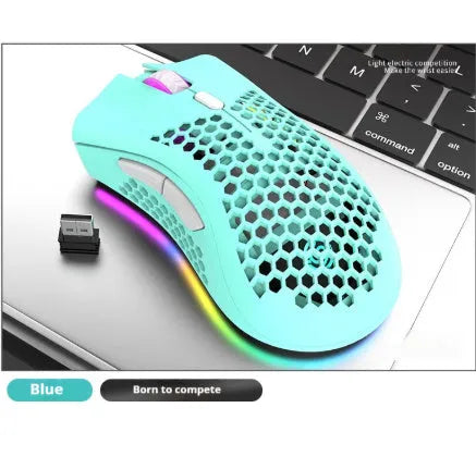 BM600 wireless gaming mouse with luminous charging in cyan, black, or white on a desk.