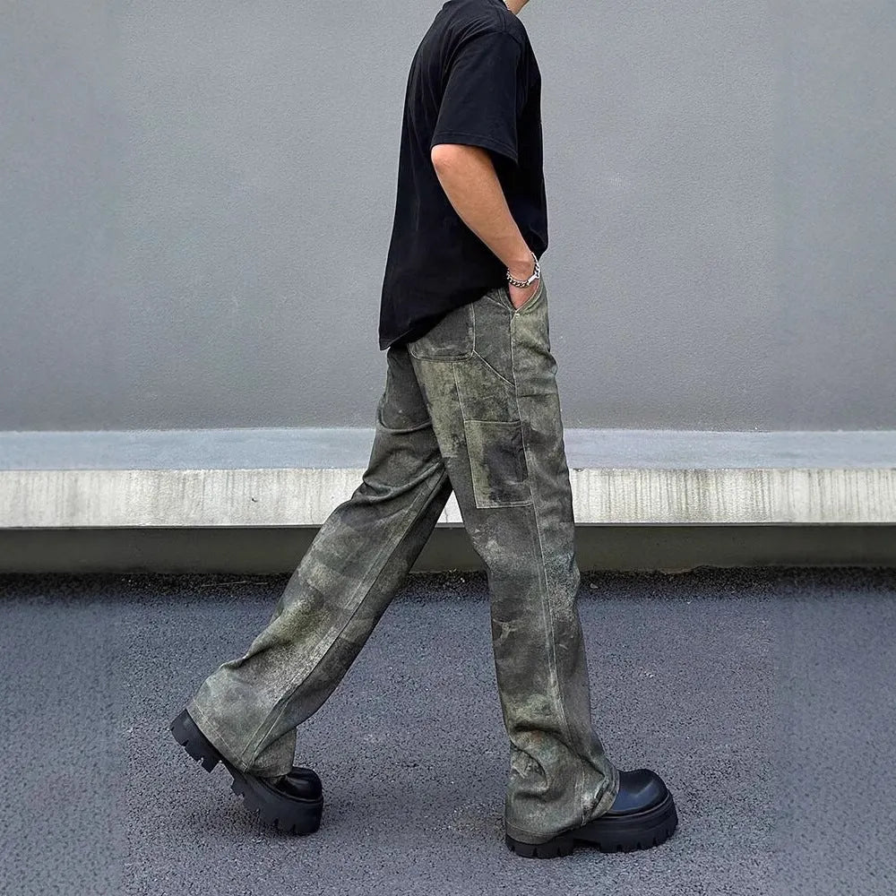 Men's straight leg denim jeans with retro camouflage pattern in picture colour