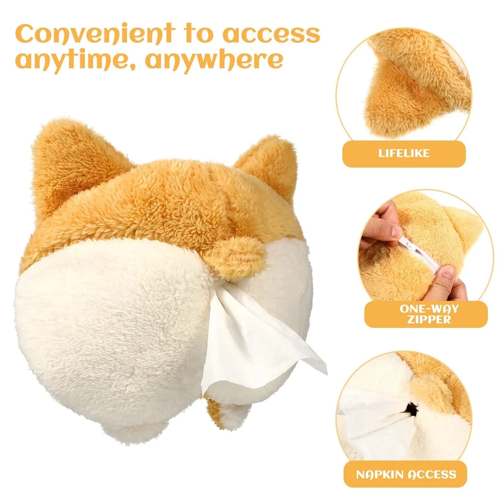 Yellow soft Corgi butt-shaped tissue box cover with elastic strap for car visor or home use.