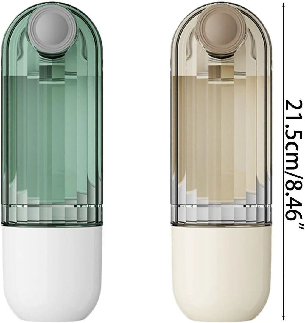 Beige foldable dog water bottle with food container at base, shown extended and collapsed.
