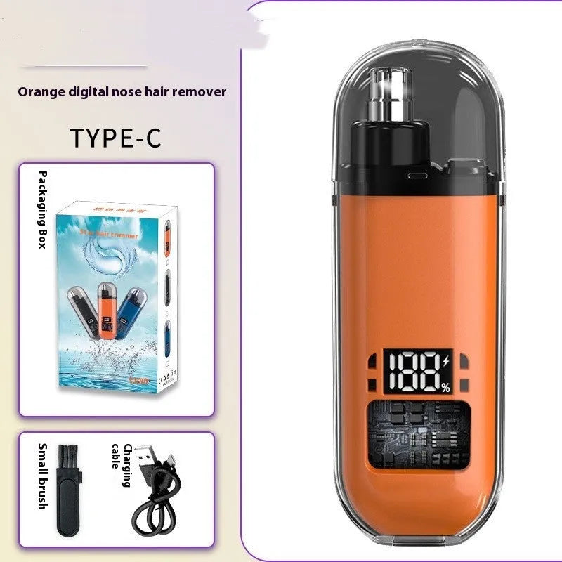 Rechargeable nose hair trimmer with digital display in black, blue or orange colours