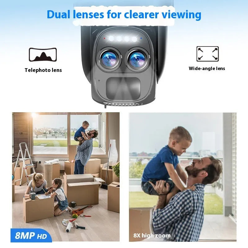 Solar-powered security camera with zoom lens mounted outdoors