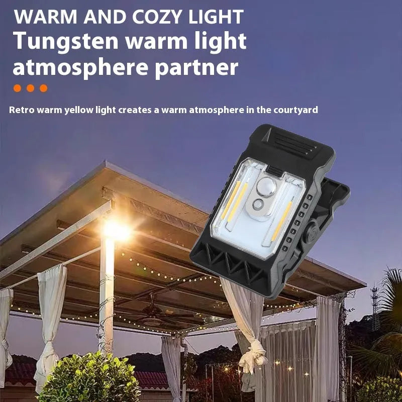 White rectangular sensor-activated clip lamp with IP65 rating, shown next to a 14500 lithium battery.