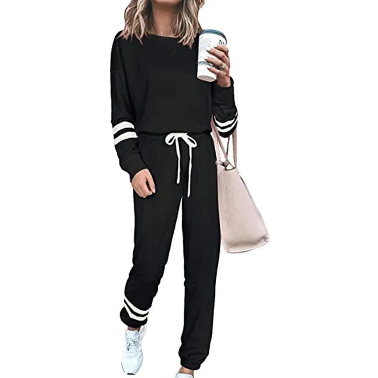 Women's plus size casual suit set in loose-fitting design with long sleeves, available in seven solid colours
