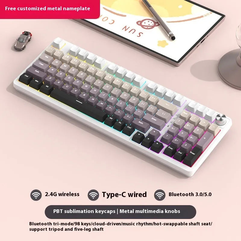 98 key wireless Bluetooth mechanical keyboard kit with metal knob on desk