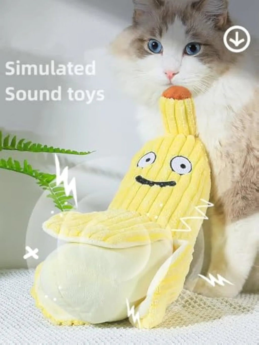 Yellow banana-shaped plush cat toy with crinkle paper and velvet texture strip