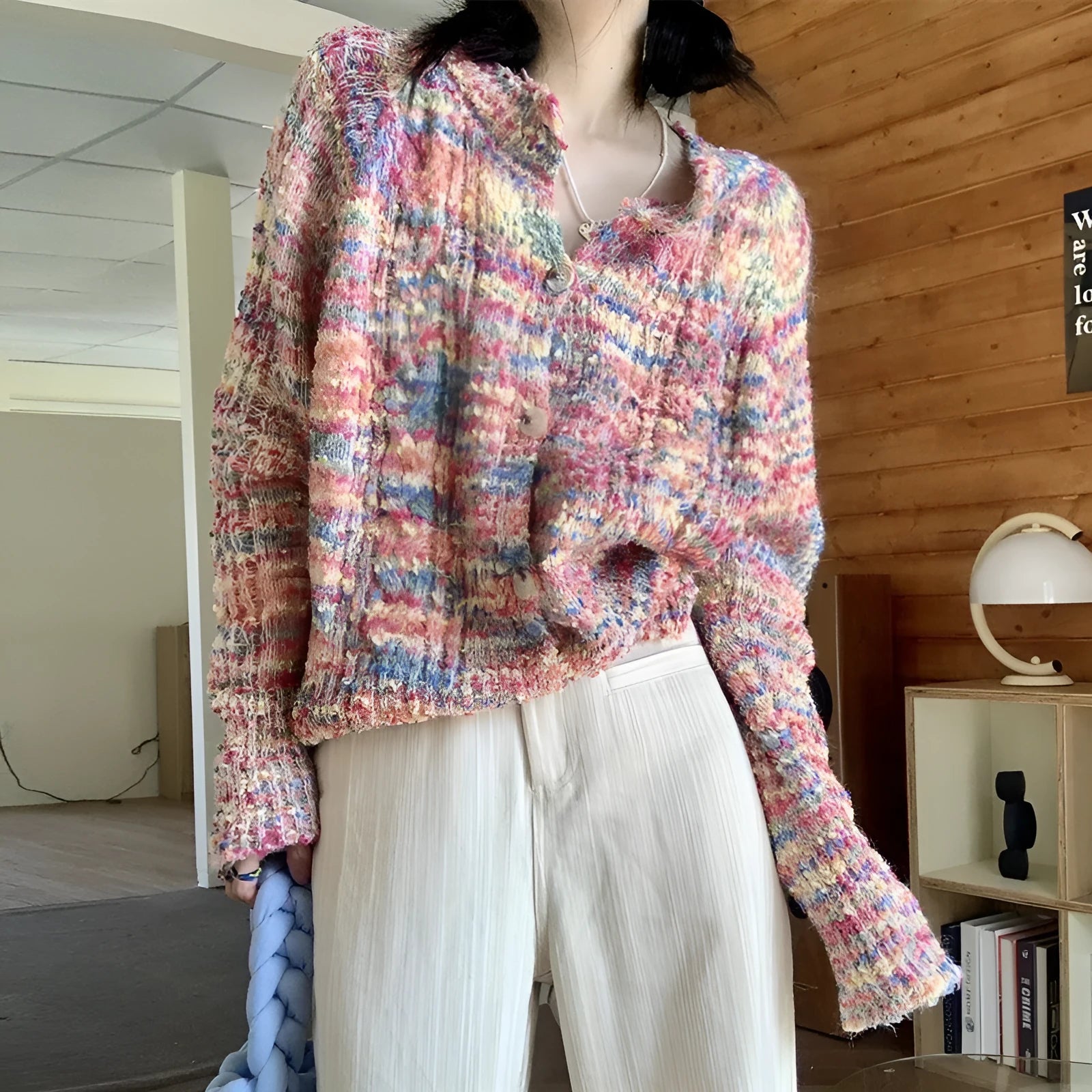 Retro style knitted rainbow cardigan in pink or green with free size slim fit