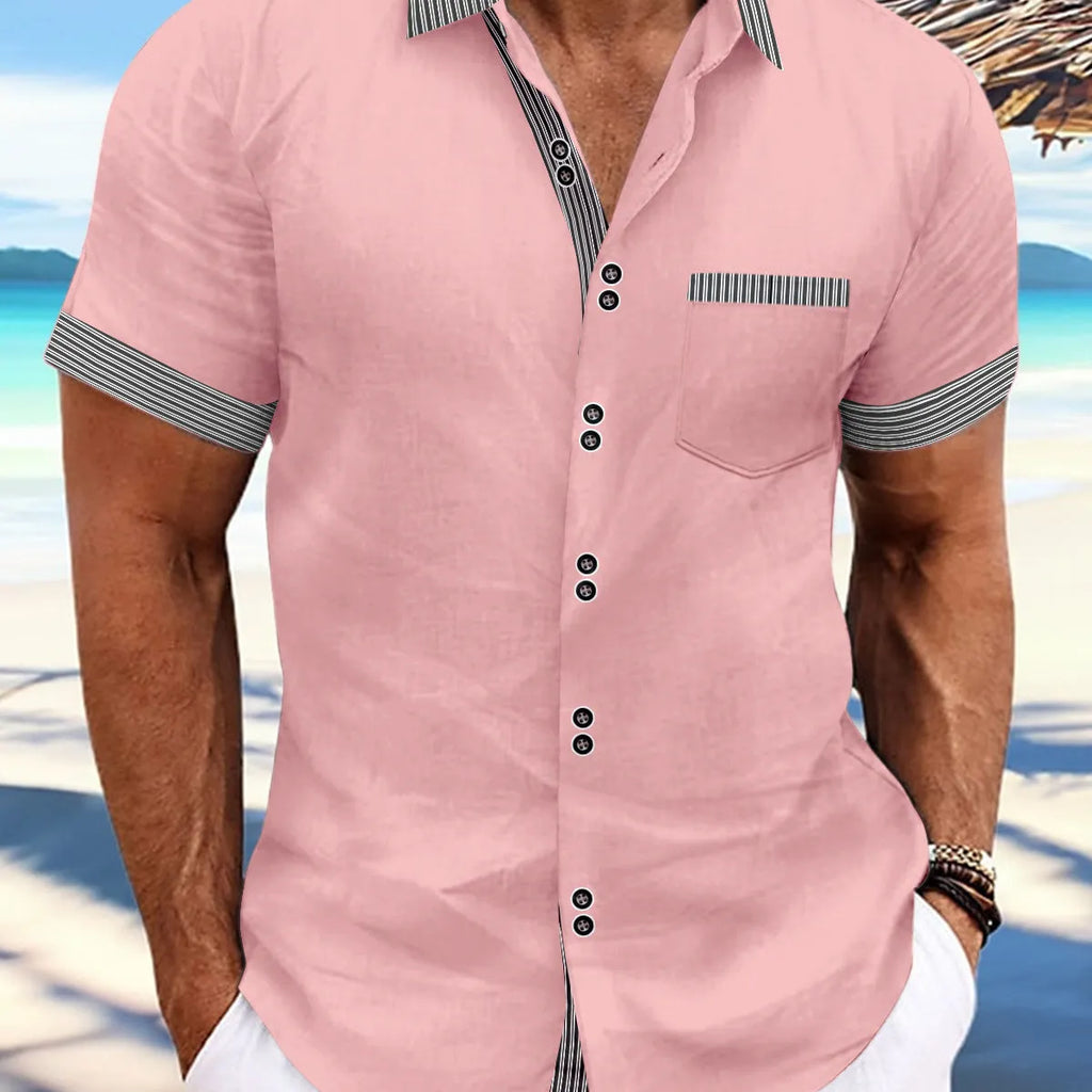 Men's slim fit striped casual shirt in pure cotton with short sleeves and double button front.