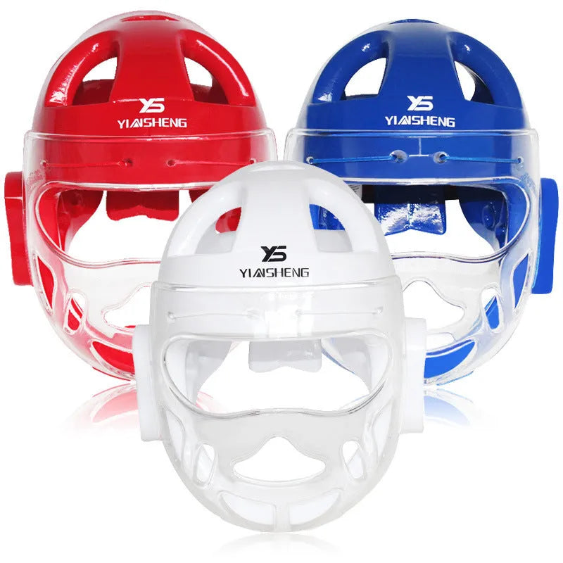 Karate helmet protective equipment for boxing in blue, red, or white colours with S, M, L, XL sizing options